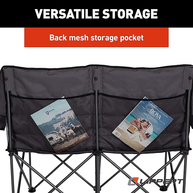 Lippert Campfire Folding Loveseat with 500-lb. Weight Capacity, Carry Bag, Durable Mesh Fabrics, High-Loft Cushioning, Storage Pocket, Dual Cupholders, Stemmed Wine Glass Holder (Grey) - 2021000206
