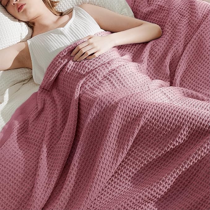 Bedsure Gentlesoft 100% Cotton Blanket Queen Size for Bed - Breathable and Soft, Waffle Weave Blanket for Summer, Thick Cozy Fall Blankets for Women Gift, Dusty Rose, 90x90 Inches