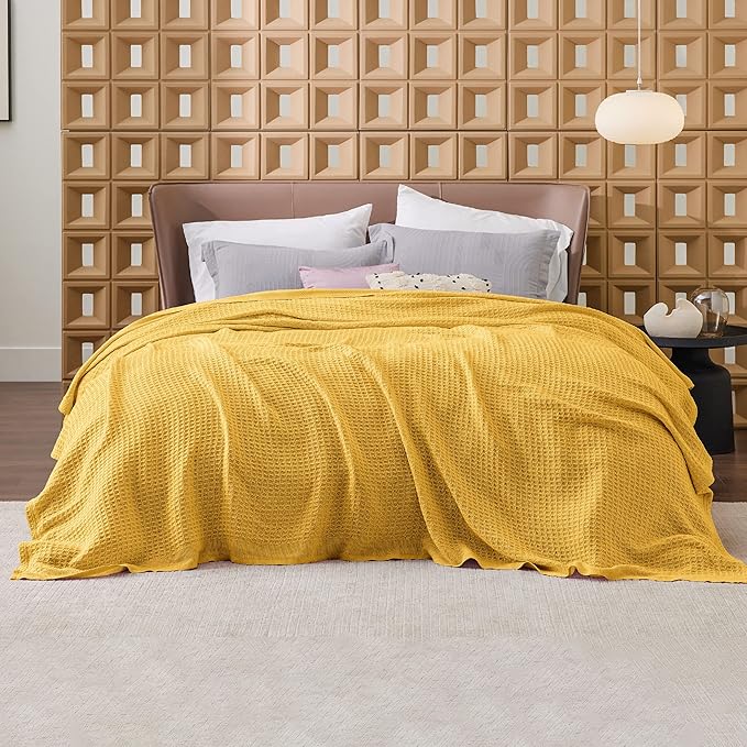 Bedsure Gentlesoft 100% Cotton Blanket King Size for Bed - Breathable and Soft, Waffle Weave Blanket for Summer, Thick Cozy Fall Blankets for Women Gift, Mustard Yellow, 104x90 inches