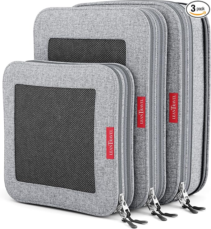 LeanTravel Premium Compression Packing Cubes for Travel - Luggage Organizers with Double Zipper - Sturdy Bags for Suitcase (3-Pack, Grey)