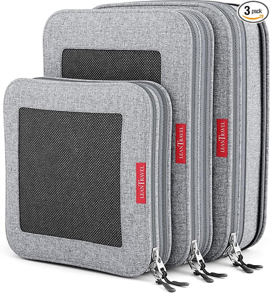 LeanTravel Premium Compression Packing Cubes for Travel - Luggage Organizers with Double Zipper - Sturdy Bags for Suitcase (3-Pack, Grey)
