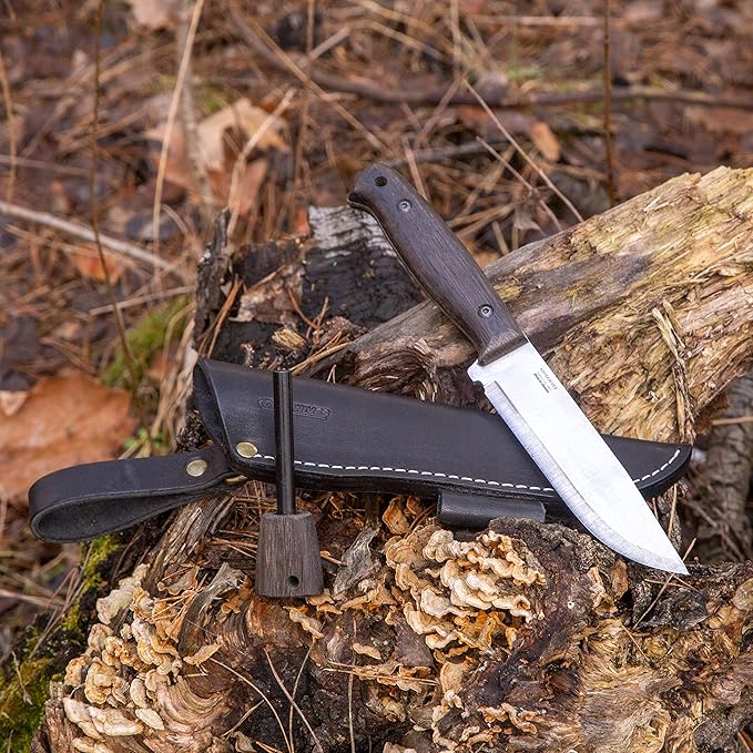 BPSKNIVES Nighthawk Adventurer - Camping Knife - Fixed-Blade Stainless Steel Survival Knife - Black Leather Sheath and Firestarter - Outdoor Full Tang Knives - Bushcraft Knives
