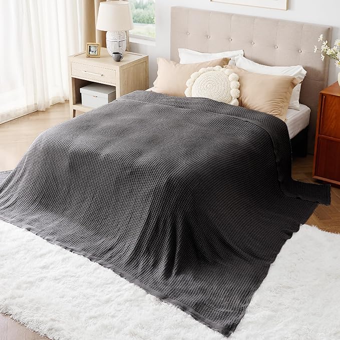 Bedsure Gentlesoft 100% Cotton Large Blanket Oversized King for Bed - Breathable Thick Waffle Weave Blanket for Summer, Couch Cover, Dark Grey, 120x94 inches