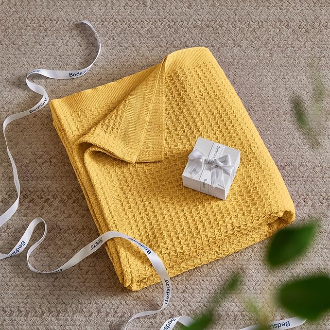 Bedsure Gentlesoft 100% Cotton Blanket Queen Size for Bed - Breathable and Soft, Waffle Weave Blanket for Summer, Thick Cozy Fall Blankets for Women Gift, Mustard Yellow, 90x90 Inches