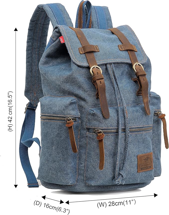 HuaChen Vintage Canvas Travel Backpack with Leather Trim, Laptop Padded Sleeve, Hidden Back Security Pocket, Fits 14-Inch, M32 Blue