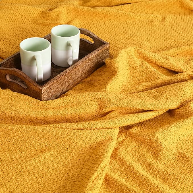 BOUTIQUO 100% Cotton Bed Blanket, Breathable Thermal Full - Queen Size, Soft Honeycomb Waffle Blanket 90'x90', Perfect for Layering Any Bed for All Season, Mustard Yellow