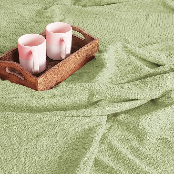BOUTIQUO 100% Cotton Bed Blanket, Breathable Thermal Blanket Full - Queen Size, Soft Honeycomb Waffle Blanket 90"x90", Cotton Bed Blanket, Perfect for Layering Any Bed for All Season, Sage Green