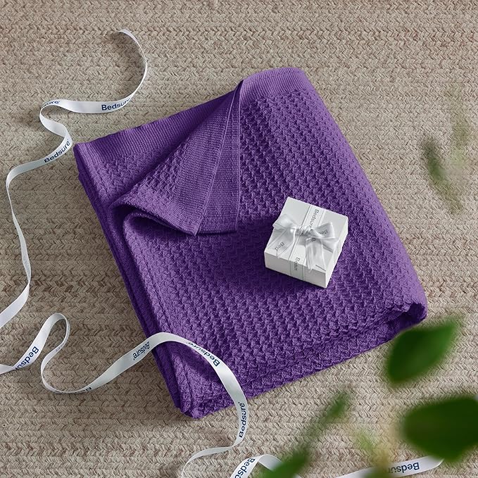 Bedsure Gentlesoft 100% Cotton Blanket Twin XL Size for College Dorm - Breathable and Soft, Waffle Weave Twin Blanket for Summer, Dorm Room Essentials, Purple, 66x90 inches