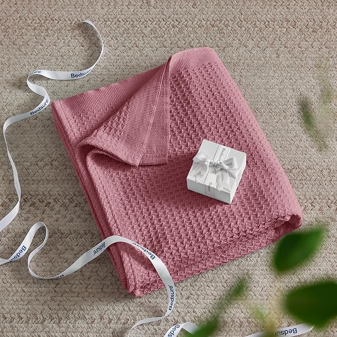 Bedsure Gentlesoft 100% Cotton Blanket Queen Size for Bed - Breathable and Soft, Waffle Weave Blanket for Summer, Thick Cozy Fall Blankets for Women Gift, Dusty Rose, 90x90 Inches