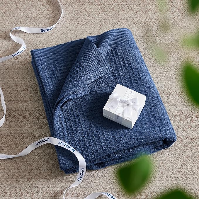 Bedsure Gentlesoft 100% Cotton Blanket Twin XL Size for College Dorm - Breathable and Soft, Waffle Weave Twin Blanket for Summer, Dorm Room Essentials, Navy, 66x90 inches