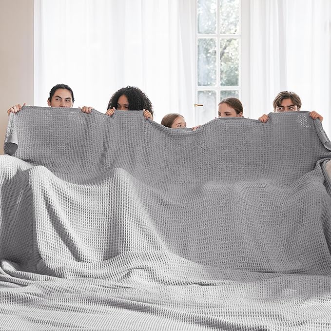Bedsure Gentlesoft 100% Cotton Large Blanket Oversized King for Bed - Breathable Thick Waffle Weave Blanket for Summer, Couch Cover, Grey, 120x94 inches