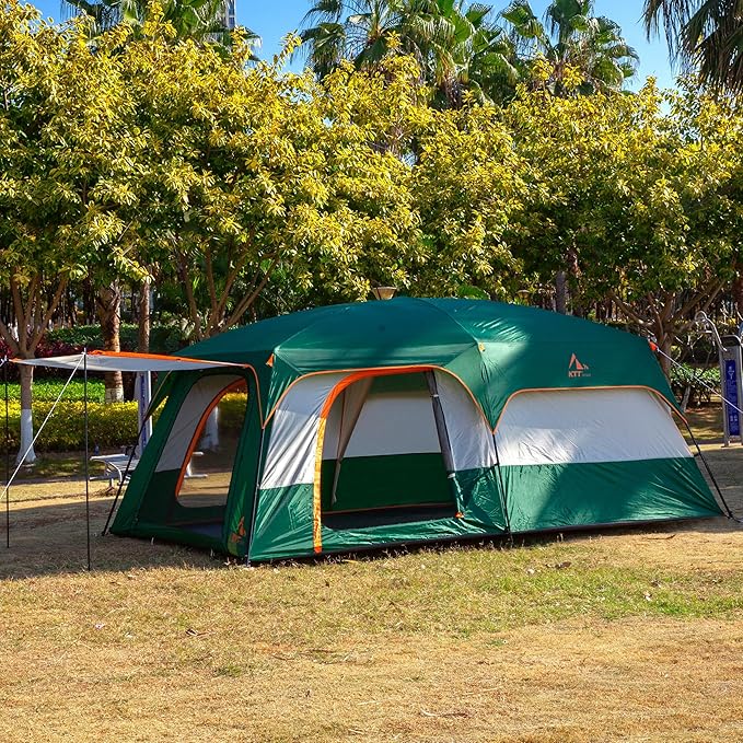 KTT Extra Large Tent 6-10-12-14 Person(Style-B),Family Cabin Tents,2 Rooms,3 Doors and 3 Windows with Mesh,Straight Wall,Waterproof,Double Layer,Big Tent for Outdoor,Picnic,Camping,Family Gathering