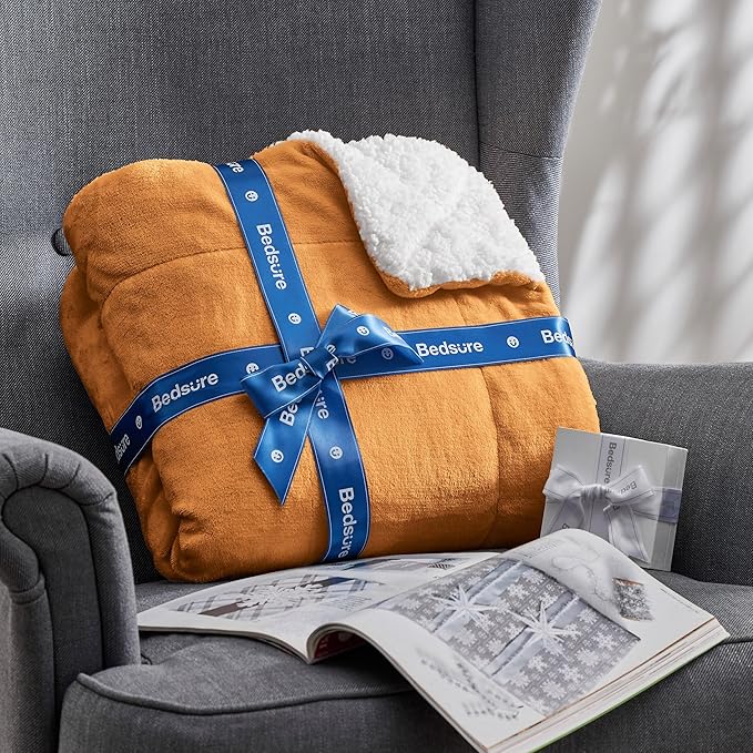 Bedsure GentleSoft Sherpa Fleece Throw Blanket for Couch - Thick and Warm, Soft Fuzzy Plush Throw Blanket for Winter, Orange, 50x60 Inches