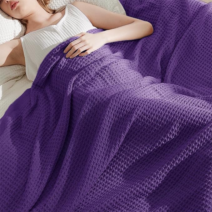 Bedsure Gentlesoft 100% Cotton Blanket Twin XL Size for College Dorm - Breathable and Soft, Waffle Weave Twin Blanket for Summer, Dorm Room Essentials, Purple, 66x90 inches