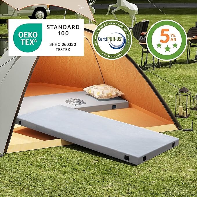 Memory Foam Camping Mattress 2.5 inch, Twin Portable Roll Up Camping Sleep Topper with Waterproof and Non-Slip Bottom, Camping Car Mat with Travel Bag, 75"×38"×2.5", Grey