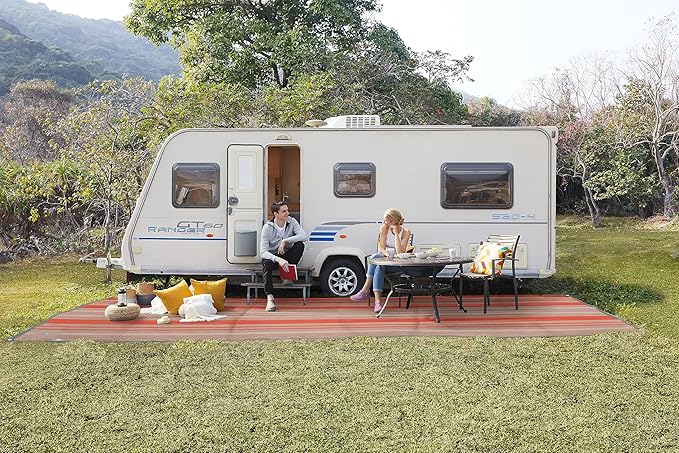 CGEAR RV Comfort Mat – Patented Sand-Free Technology with Ultra Soft Material – Sized to Your RV, Campsite, Beach House – Great Outdoor Patio Rug for RV and Camping (Earthy Stripe, 8' X 20')