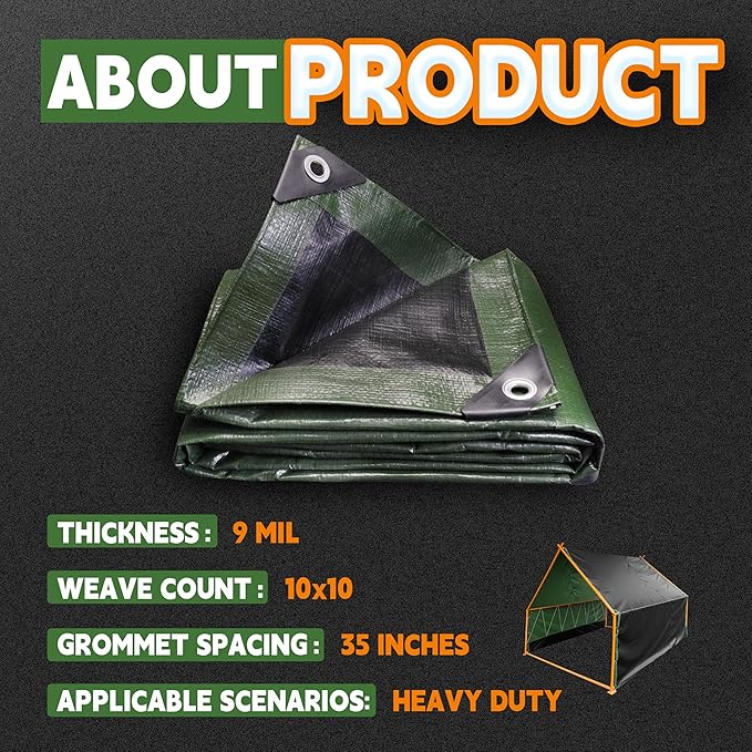 RAINDEWAY Tarps 20x30 Feet,Tarp Waterproof,9Mil Thick,Finished Size,Multipurpose Poly Tarp Cover with Metal Grommets and Reinforced Edges,Green/Black Tarpaulin
