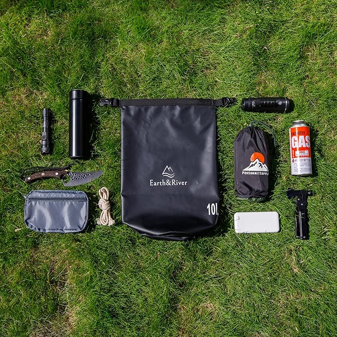 EARTH&RIVER Premium Waterproof Dry Bag Backpack, Extra Thick, Protection for All Water Activities & Camping, Floating Lightweight Dry Bag & IPX8 Waterproof Phone Case (Black, 10L)