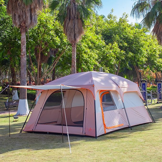 KTT Extra Large Tent 6-10-12-14 Person(Style-B),Family Cabin Tents,2 Rooms,3 Doors and 3 Windows with Mesh,Straight Wall,Waterproof,Double Layer,Big Tent for Outdoor,Picnic,Camping,Family Gathering