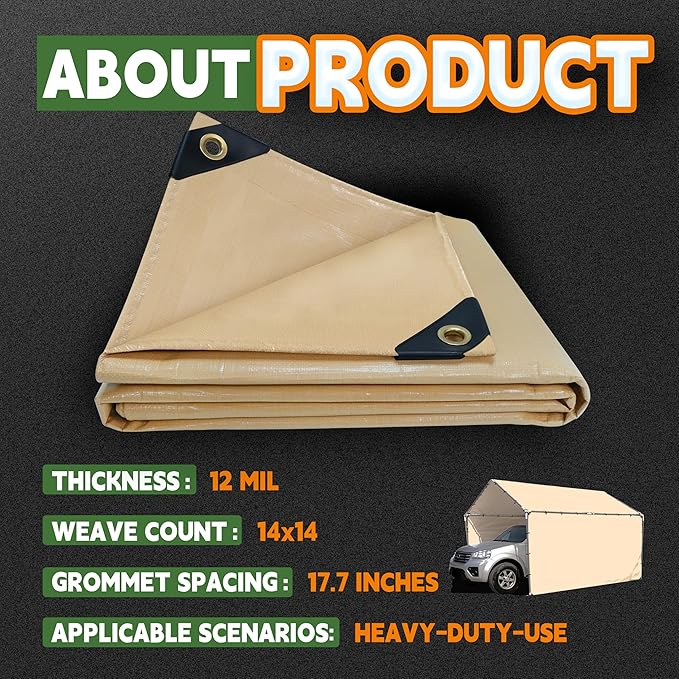 RAINDEWAY 12x24 Feet Heavy Duty Tarp,12 Mil Tan Waterproof Poly Tarp Cover,UV Resistant,Weatherproof,Durable,Multipurpose Tarps with Grommets and Reinforced Edges
