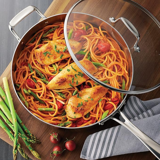 Tramontina Tri-Ply Clad Stainless Steel 6-Quart Saute Pan with Glass Lid, Induction-Ready Cooking Pan, Dishwasher-Safe, NSF-Certified, Made in Brazil