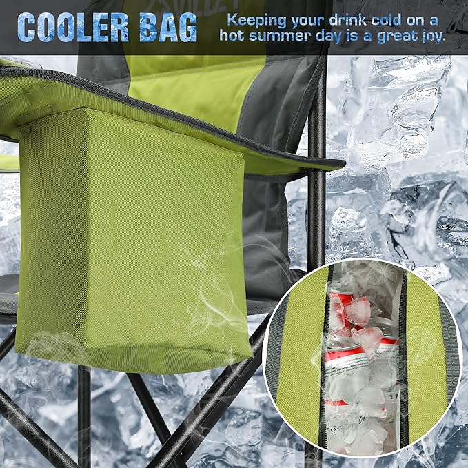 VILLEY Camping Chair, Oversized Folding Camp Chair, Portable Outdoor Chairs Support 400 LBS with Padded Seats, Cooler Bag, Cup Holder, Carry Bag, Green