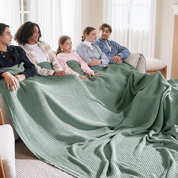 Bedsure Gentlesoft 100% Cotton Large Blanket Oversized King for Bed - Breathable Thick Waffle Weave Blanket for Summer, Couch Cover, Sage Green, 120x94 inches