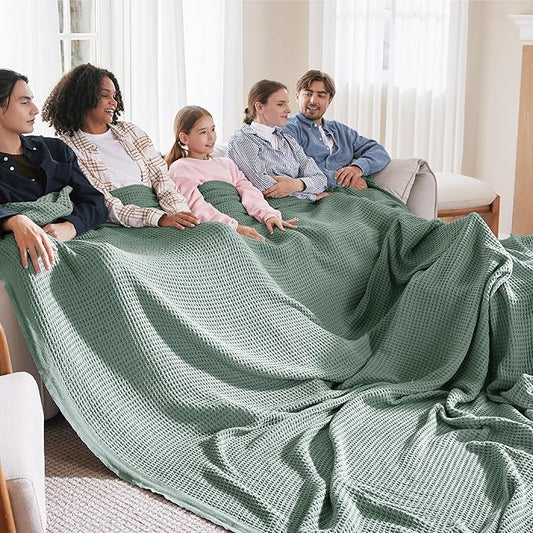 Bedsure Gentlesoft 100% Cotton Large Blanket Oversized King for Bed - Breathable Thick Waffle Weave Blanket for Summer, Couch Cover, Sage Green, 120x94 inches