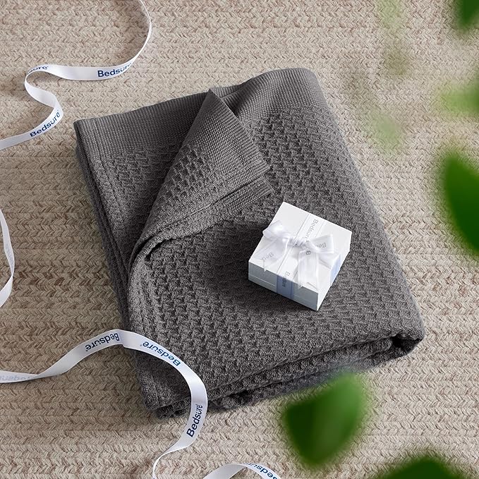 Bedsure Gentlesoft 100% Cotton Blanket Queen Size for Bed - Breathable and Soft, Waffle Weave Blanket for Summer, Thick Cozy Fall Blankets for Women Gift, Dark Grey, 90x90 Inches