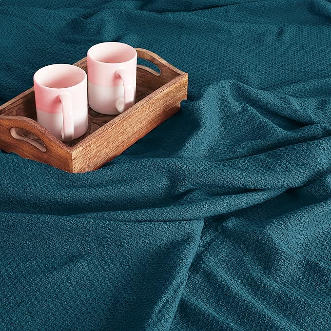 BOUTIQUO 100% Cotton Bed Blanket, Breathable Thermal Twin Size, Soft Honeycomb Waffle Blanket 60"x90", Perfect for Layering Any Bed for All Season, Teal