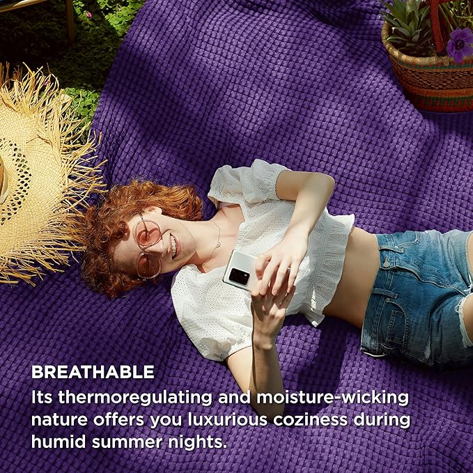 Bedsure Cooling Cotton Waffle King Size Blanket - Lightweight Breathable Blanket of Rayon Derived from Bamboo for Hot Sleepers, Luxury Throws for Bed, Couch and Sofa, Purple, 104x90 Inches