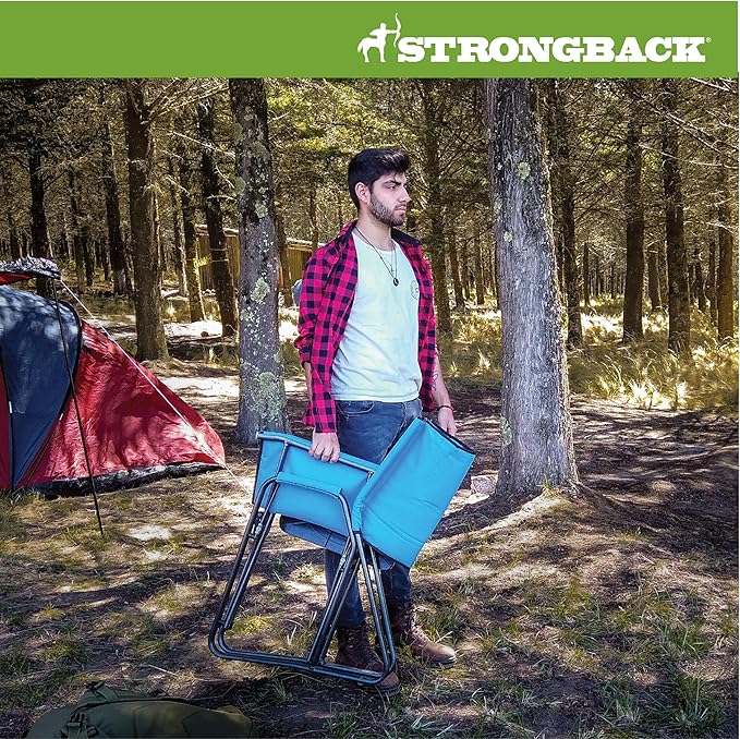 STRONGBACK Outdoor Chair Director Portable Camping Chair with Lumbar Support and Side Table - Heavy-Duty Foldable Chair - Blue/Grey