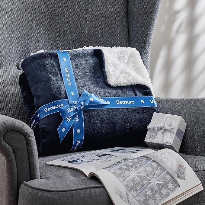 Bedsure GentleSoft Sherpa Fleece Oversized Cal King Blankets for Bed - Thick and Warm, Soft Fuzzy Plush Large Blanket for Winter, Navy, 112x98 Inches