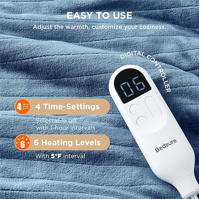 Bedsure Heated Blanket Throw Blanket - Fast Heating Electric Blanket, Soft Flannel Heated Throw with 4 Time Settings, 6 Heating Settings, Warm Gifts for Grandma (50x60 inches, Blue)
