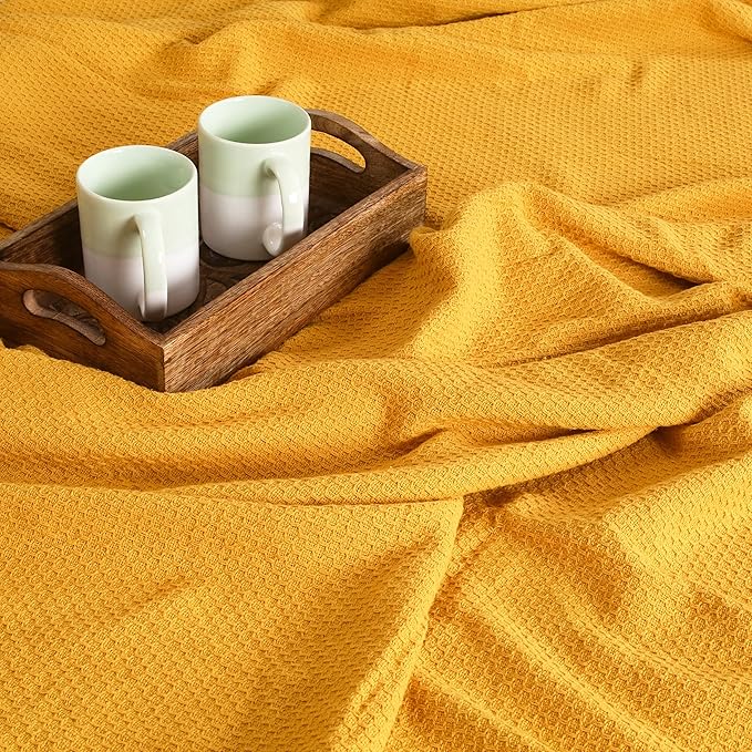BOUTIQUO 100% Cotton Bed Blanket, Breathable Thermal Blanket Twin Size, Soft Honeycomb Waffle Blanket 60"x90", Cotton Bed Blanket, Perfect for Layering Any Bed for All Season, Mustard Yellow