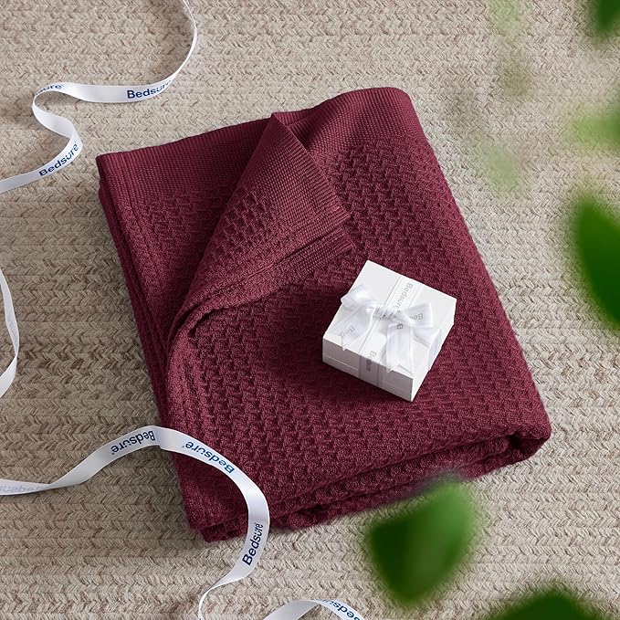 Bedsure Gentlesoft 100% Cotton Blanket Queen Size for Bed - Breathable and Soft, Waffle Weave Blanket for Summer, Thick Cozy Fall Blankets for Women Gift, Red, 90x90 Inches