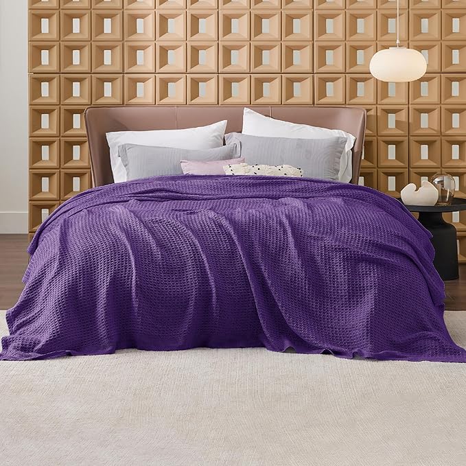 Bedsure Gentlesoft 100% Cotton Blanket Queen Size for Bed - Breathable and Soft, Waffle Weave Blanket for Summer, Thick Cozy Fall Blankets for Women Gift, Purple, 90x90 Inches
