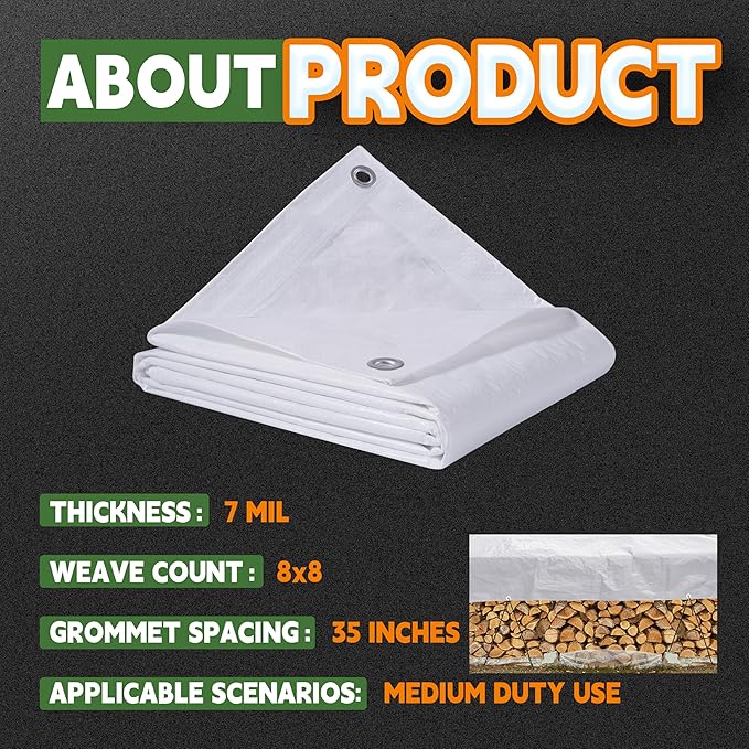 RAINDEWAY Small Tarps 4x10 Feet Tarp Waterproof,7Mil Thick,Finished Size,UV Resistant,Multipurpose Poly Tarp Cover with Metal Grommets and Reinforced Edges,White Tarps