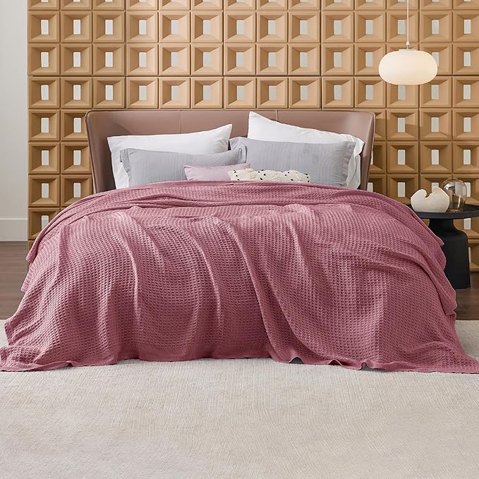 Bedsure Gentlesoft 100% Cotton Blanket Queen Size for Bed - Breathable and Soft, Waffle Weave Blanket for Summer, Thick Cozy Fall Blankets for Women Gift, Dusty Rose, 90x90 Inches