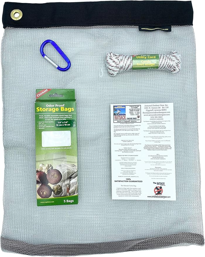 Camping Bundle - Ultralight Rodent Proof Dry Bag for Backpacking - Bear Bag Food Storage for Camping with Coghlans Odor Proof and Waterproof Bag, Survival Utility Rope and Carabiner (XS)