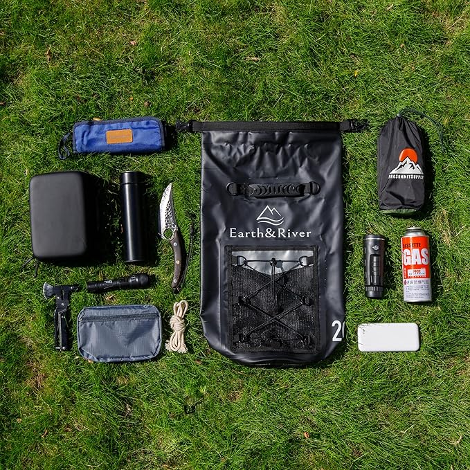 EARTH&RIVER Premium Dry Bag Backpack, Extra Thick, Protection for All Water Activities & Camping, Floating Lightweight Dry Bag with Inside Pocket Storage & IPX8 Waterproof Phone Case (Black, 20L)