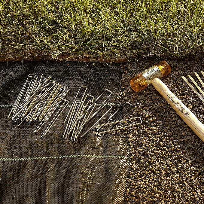 GardenMate 50-Pack Anti-Rust 6'' 11 Gauge Heavy-Duty Flat-Top U-Shaped Garden Stakes Staples Spikes Pins Pegs - Ground Stakes for Anchoring Landscape Fabric