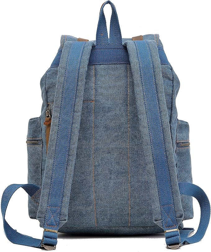 HuaChen Vintage Canvas Travel Backpack with Leather Trim, Laptop Padded Sleeve, Hidden Back Security Pocket, Fits 14-Inch, M32 Blue