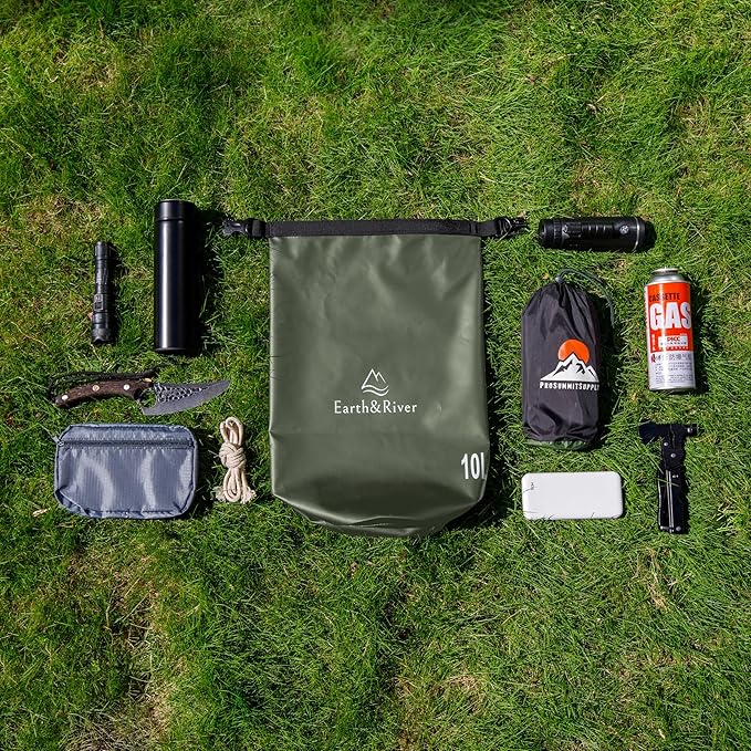 EARTH&RIVER Premium Waterproof Dry Bag Backpack, Extra Thick, Protection for All Water Activities & Camping, Floating Lightweight Dry Bag & IPX8 Waterproof Phone Case (Army Green, 10L)
