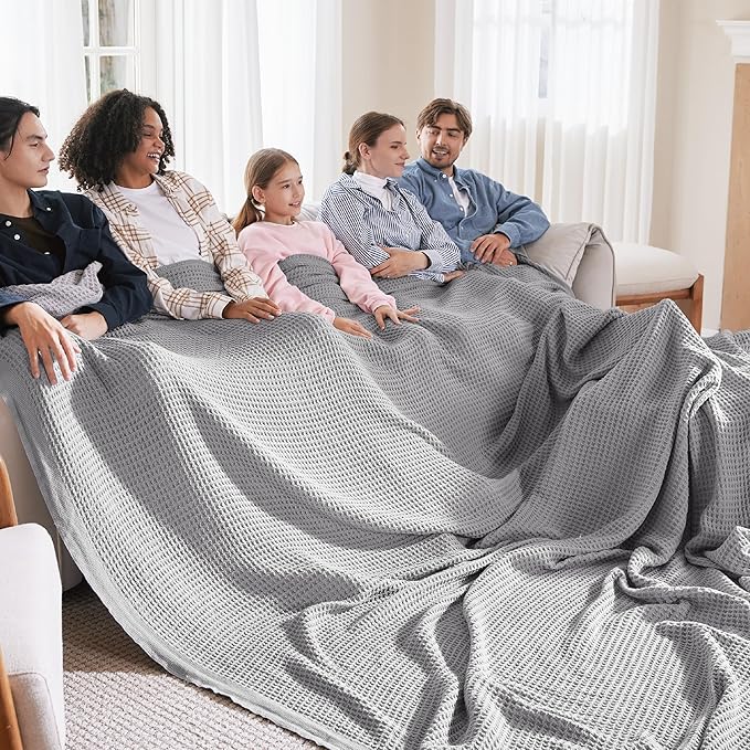 Bedsure Gentlesoft 100% Cotton Large Blanket Oversized King for Bed - Breathable Thick Waffle Weave Blanket for Summer, Couch Cover, Grey, 120x94 inches