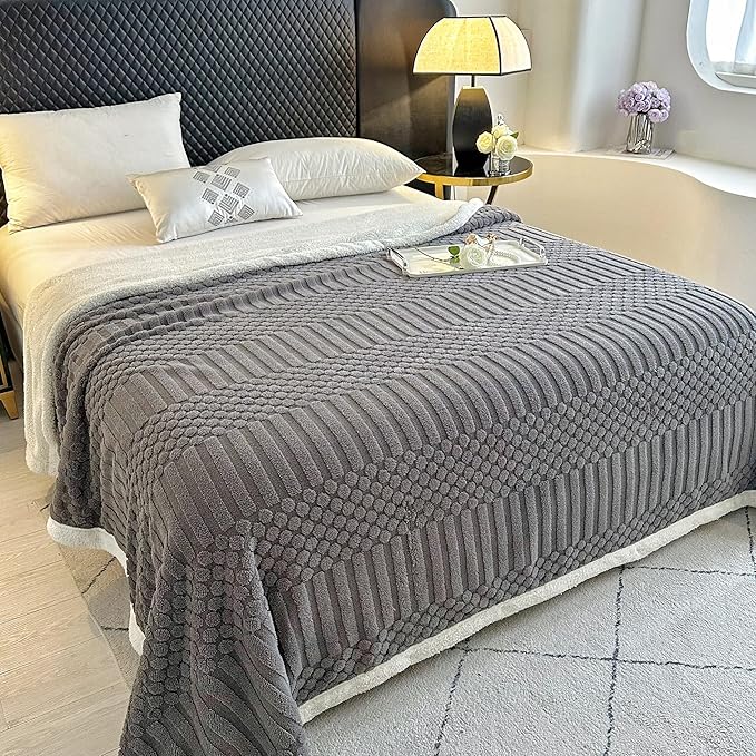 UKELER Sherpa Fleece Blanket 60 × 80 inch, Ultra Soft Twin Size Throw Blankets for All Season, Cozy Plush Striped Blanket for Bed Couch Sofa Office Camping, Dark Grey