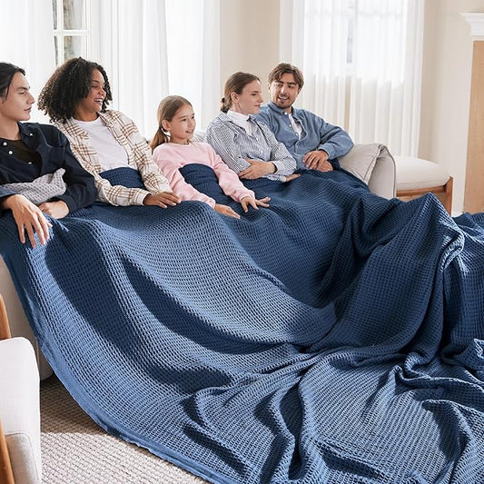 Bedsure Gentlesoft 100% Cotton Large Blanket Oversized King for Bed - Breathable Thick Waffle Weave Blanket for Summer, Couch Cover, Navy, 120x94 inches