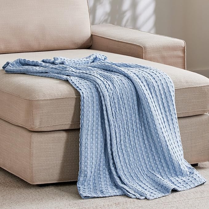 Bedsure Cooling Cotton Waffle Twin XL Blanket - Lightweight Breathable Blanket of Rayon Derived from Bamboo for Hot Sleepers, Luxury Throws for Bed, Couch and Sofa, Sky Blue, 66x90 Inches