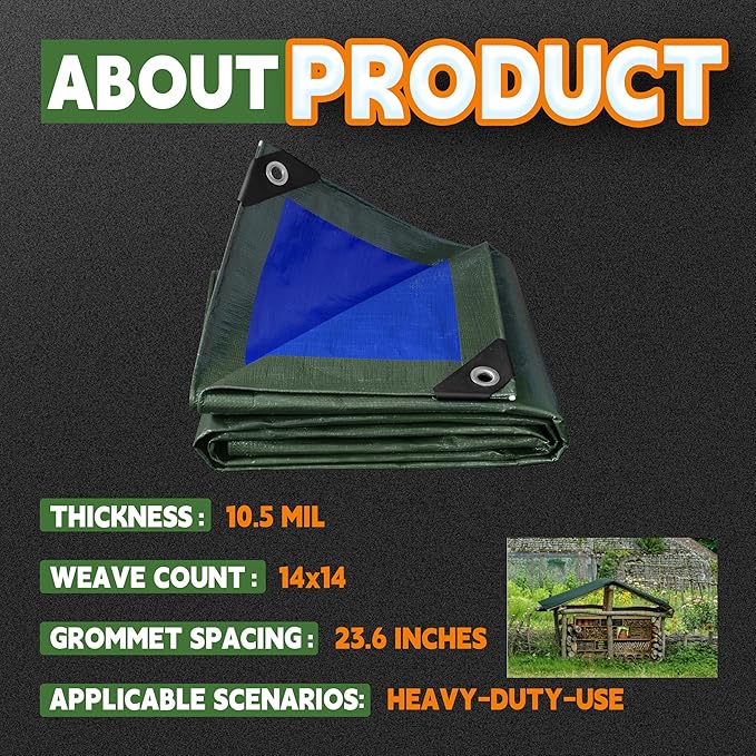 RAINDEWAY Tarps Heavy Duty Waterproof 16x20 Feet,10.5 Mil Waterproof Tarps for Outdoors,Multipurpose Poly Tarp Cover with Metal Grommets and Reinforced Edges,Green/Blue