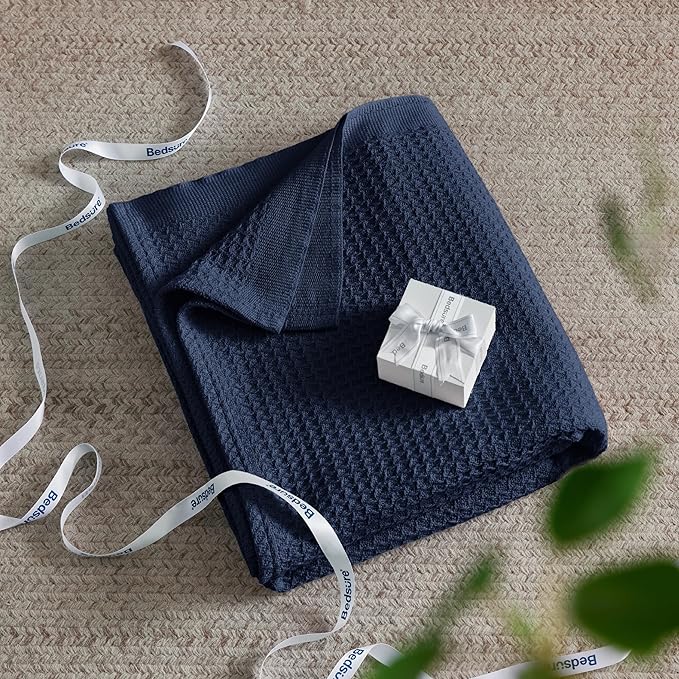 Bedsure Gentlesoft 100% Cotton Blanket Queen Size for Bed - Breathable and Soft, Waffle Weave Blanket for Summer, Thick Cozy Fall Blankets for Women Gift, Pageant Blue, 90x90 Inches